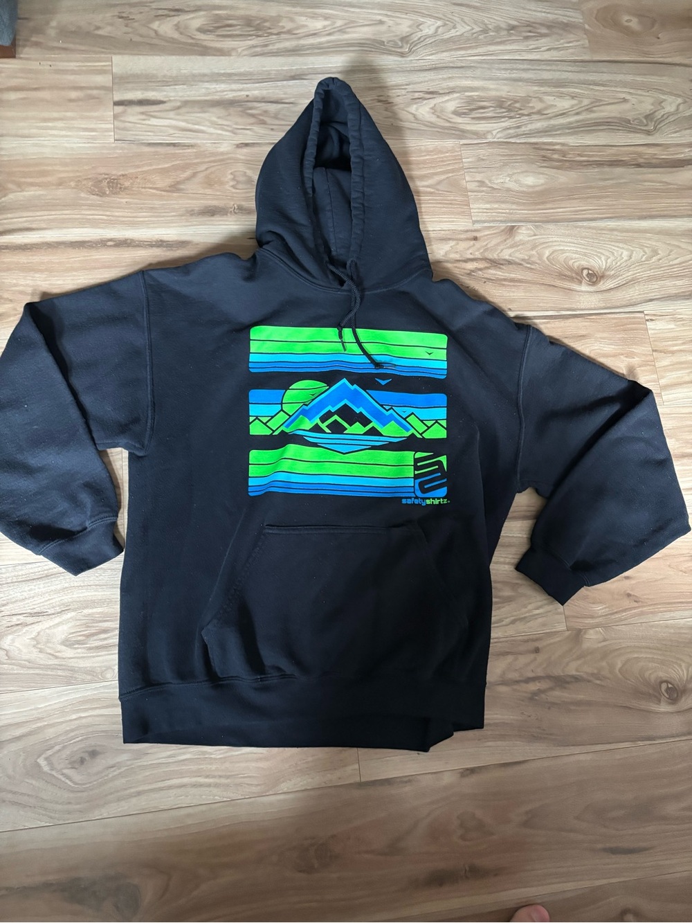 Gildan Black Hoodie with Green & Blue Mountain Stripe Graphic